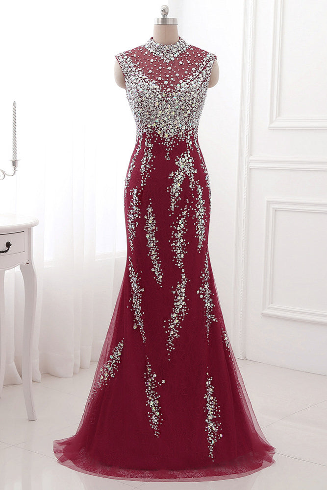 Luxury High-Neck Burgundy Mermaid Prom Dresses Sleeveless with White Rhinestones