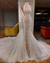 Luxurious Long Mermaid Halter Wedding Dress with Beading and Pearls