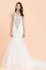 Luxury Mermaid Wedding Dress Tulle Lace Sequins Sleeveless Bridal Gowns with Pearls