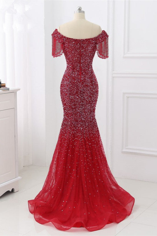 Luxury Off-the-Shoulder Sequins Burgundy Mermaid Prom Dresses with Tassels