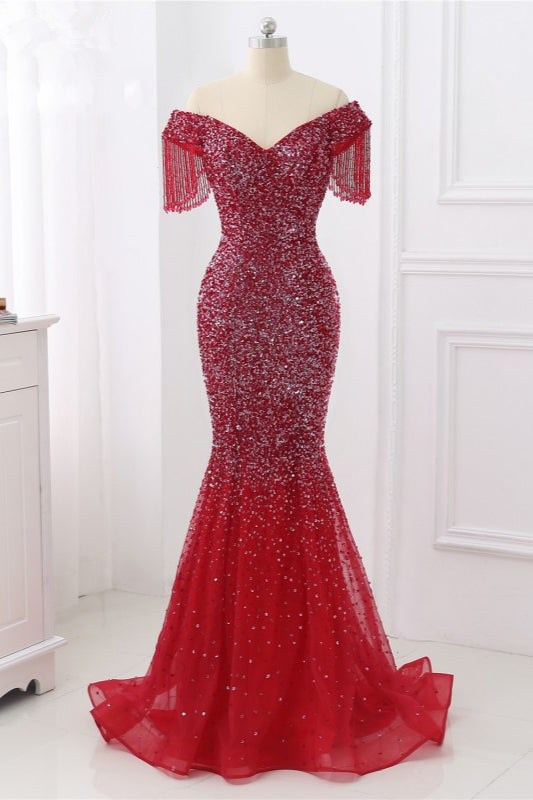 Luxury Off-the-Shoulder Sequins Burgundy Mermaid Prom Dresses with Tassels