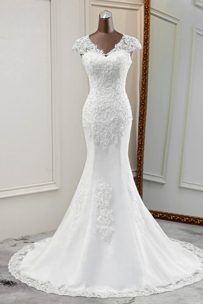 Luxury V-Neck Sleeveless White Lace Mermaid Wedding Dresses with Appliques