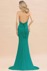 Mermaid Halter V-Neck Dark Green Chiffon Bridesmaid Dress with Open Back