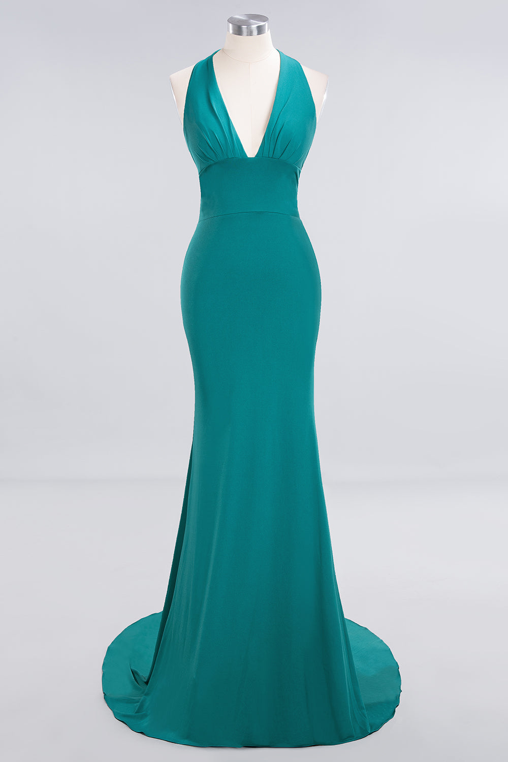 Mermaid Halter V-Neck Dark Green Chiffon Bridesmaid Dress with Open Back