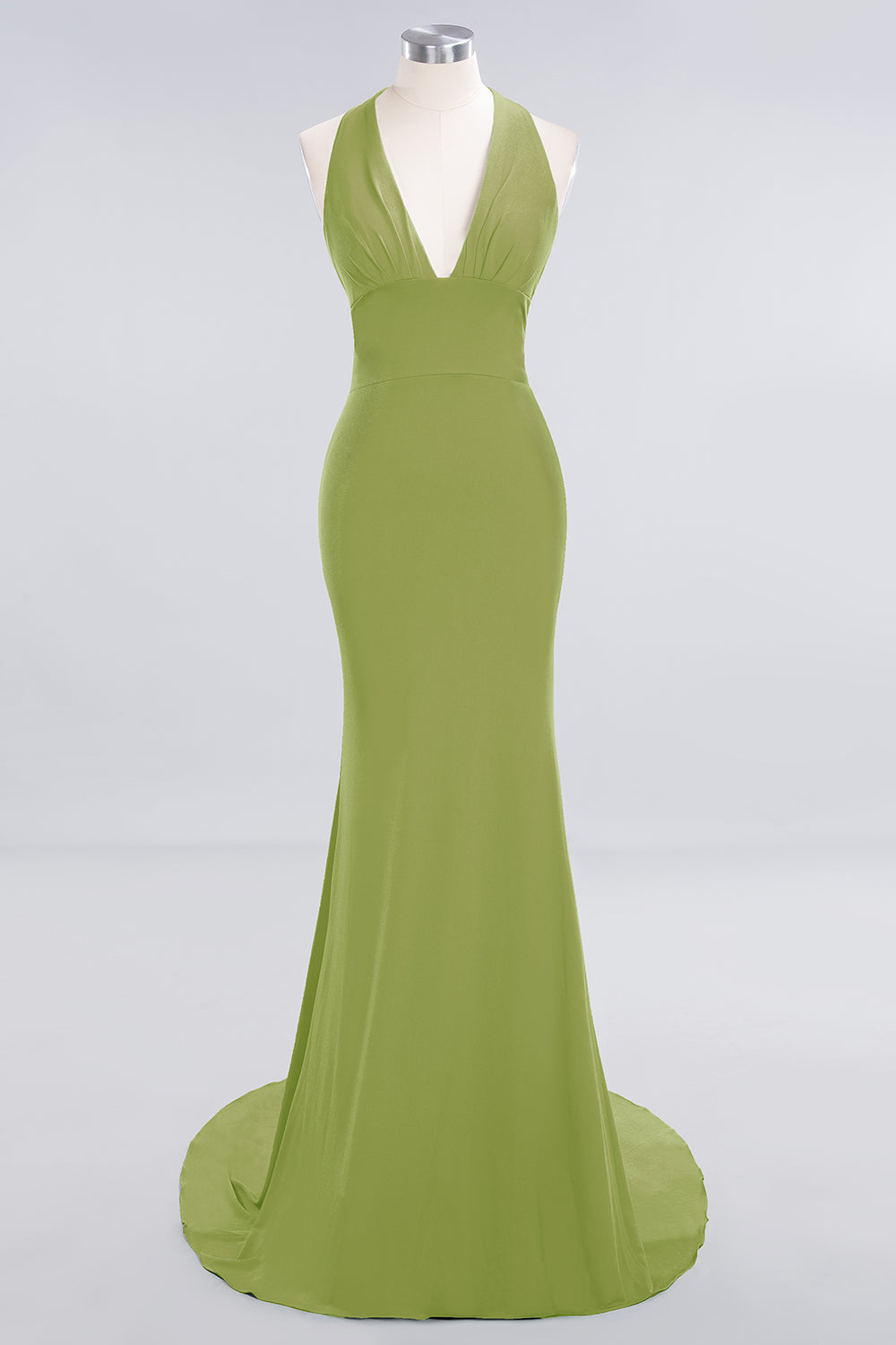 Mermaid Halter V-Neck Dark Green Chiffon Bridesmaid Dress with Open Back