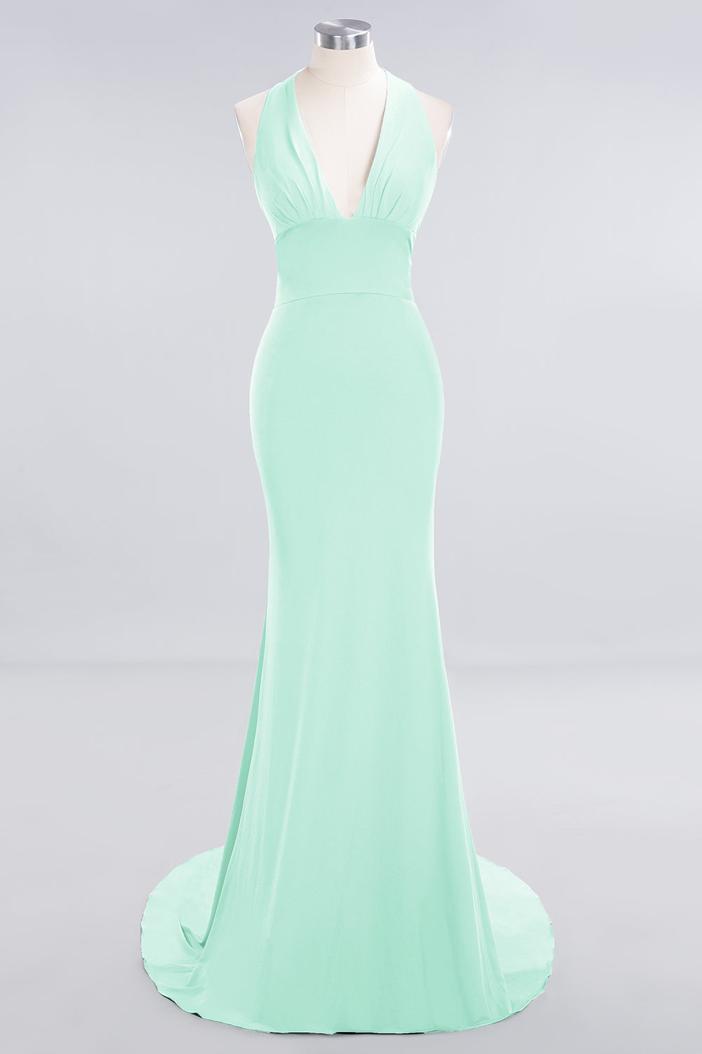 Mermaid Halter V-Neck Dark Green Chiffon Bridesmaid Dress with Open Back