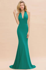 Mermaid Halter V-Neck Dark Green Chiffon Bridesmaid Dress with Open Back