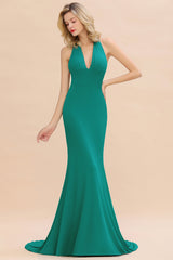 Mermaid Halter V-Neck Dark Green Chiffon Bridesmaid Dress with Open Back