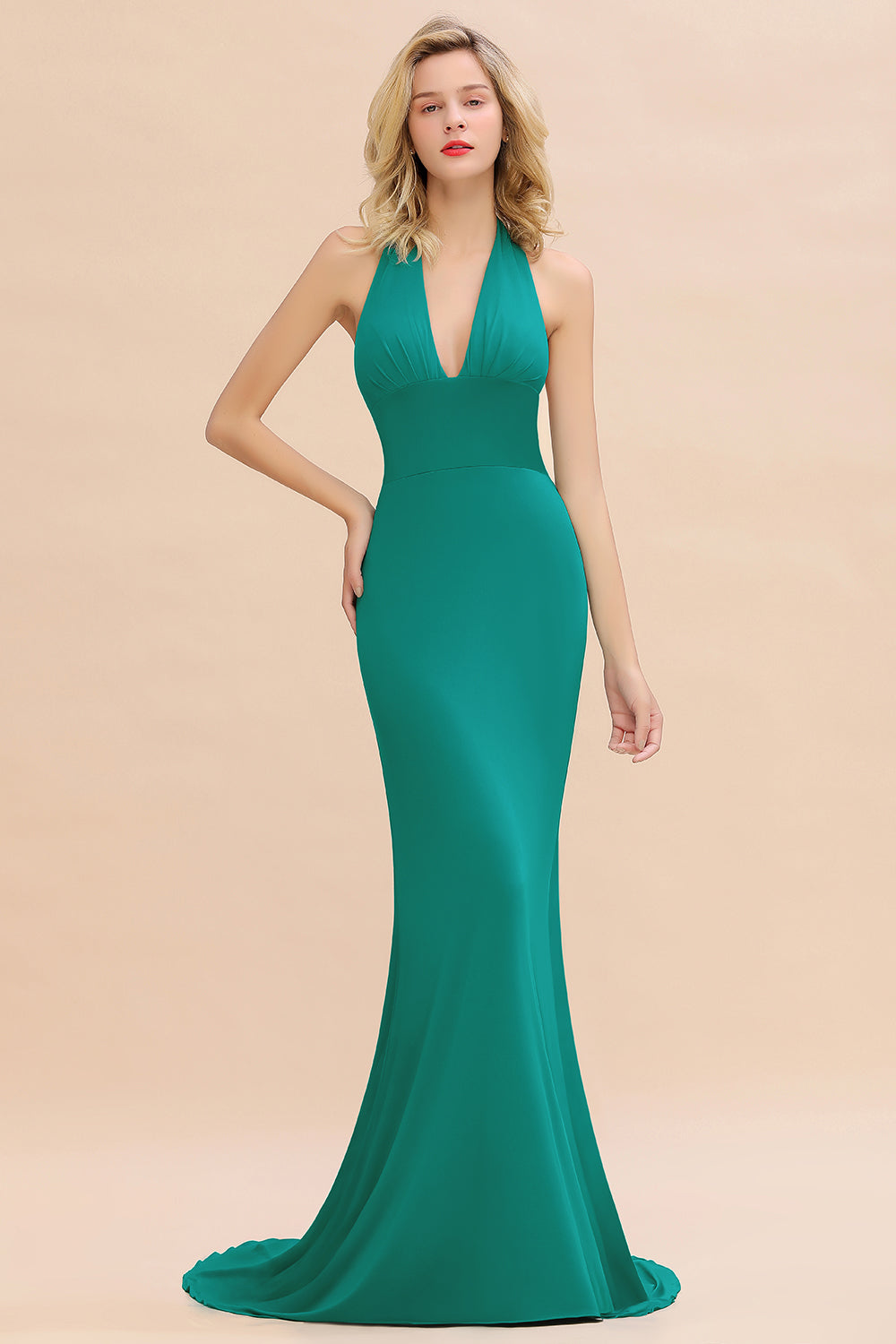 Mermaid Halter V-Neck Dark Green Chiffon Bridesmaid Dress with Open Back