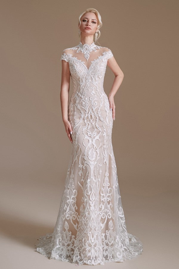 Mermaid High Neck Wedding Dress Lace With Cap Sleeves