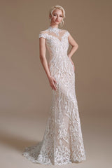 Mermaid High Neck Wedding Dress Lace With Cap Sleeves