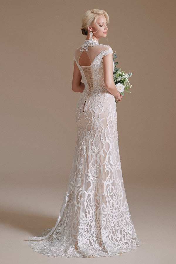 Mermaid High Neck Wedding Dress Lace With Cap Sleeves