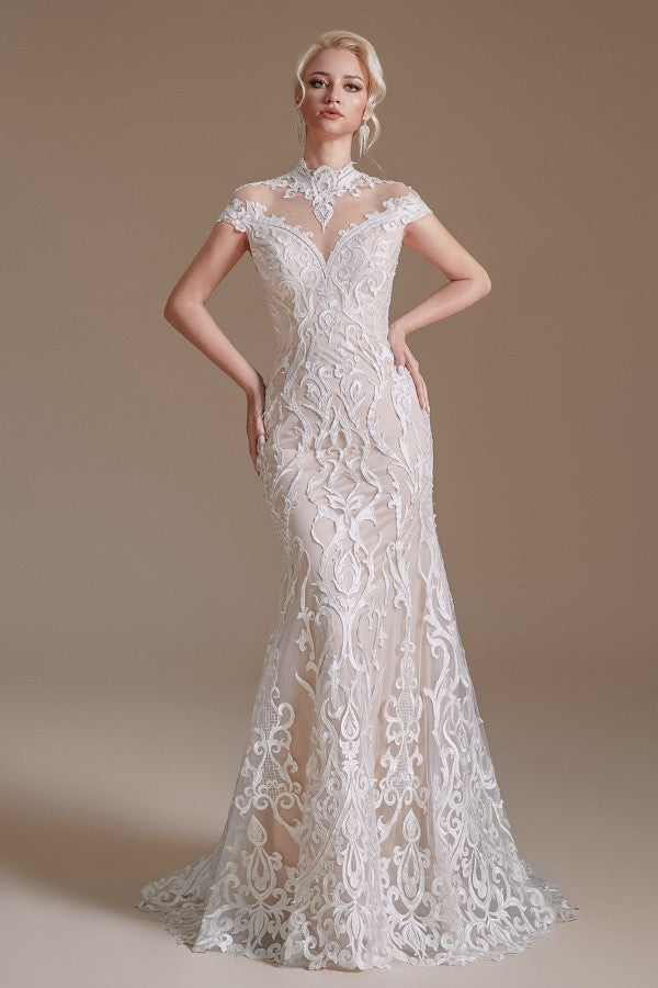 Mermaid High Neck Wedding Dress Lace With Cap Sleeves