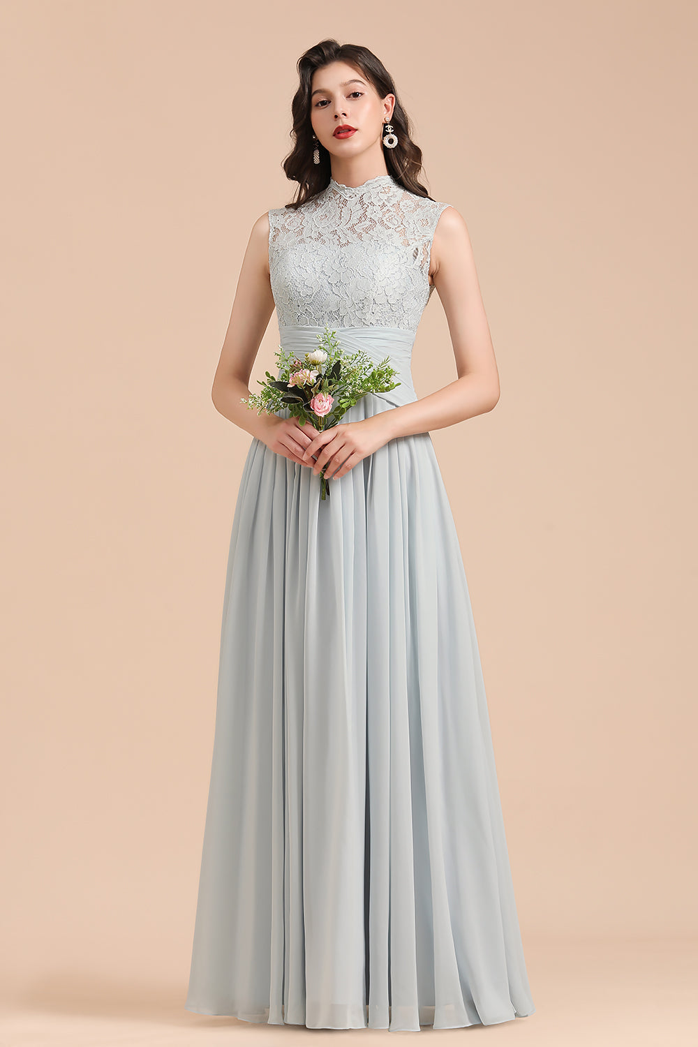 Mist High-Neck Lace Bridesmaid Dress Long Online