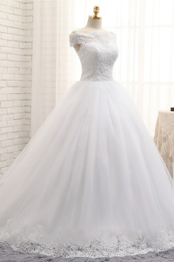 Modest Bateau Tulle Ruffles Wedding Dresses With Appliques A-line White Lace Bridal Gowns On Sale