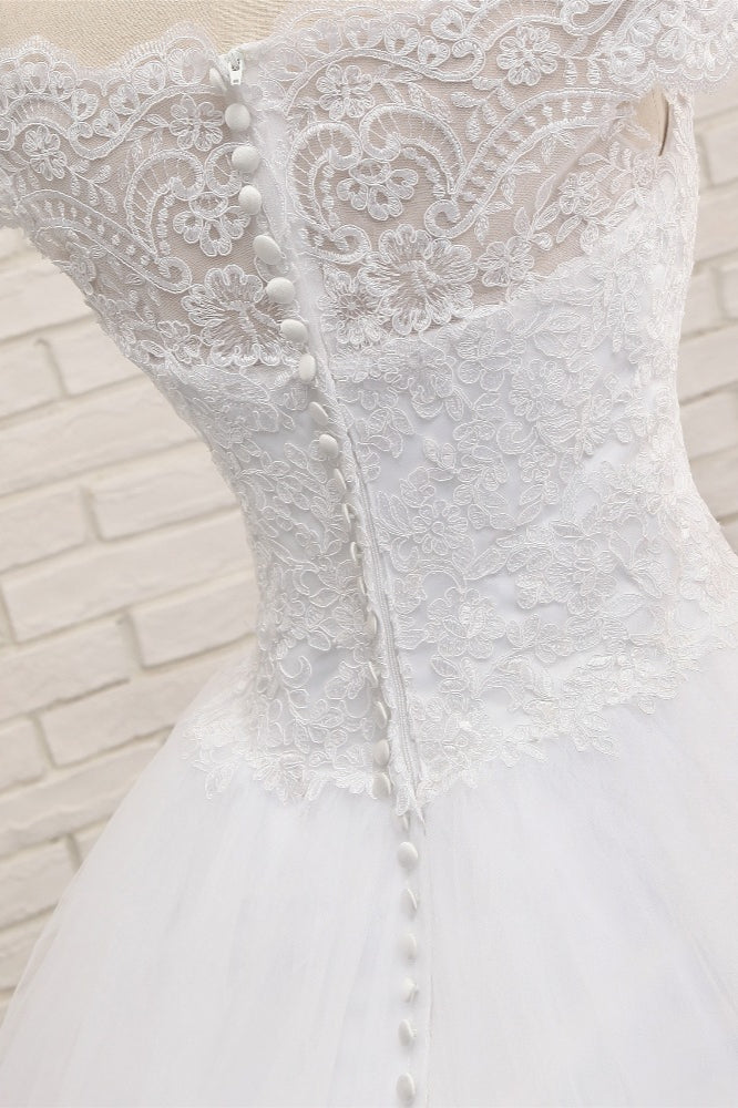 Modest Bateau Tulle Ruffles Wedding Dresses With Appliques A-line White Lace Bridal Gowns On Sale