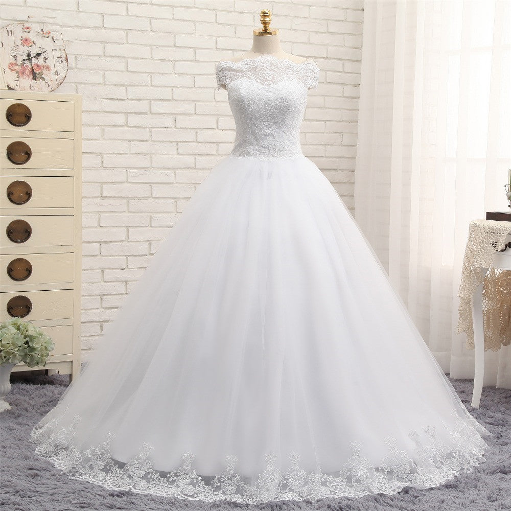 Modest Bateau Tulle Ruffles Wedding Dresses With Appliques A-line White Lace Bridal Gowns On Sale