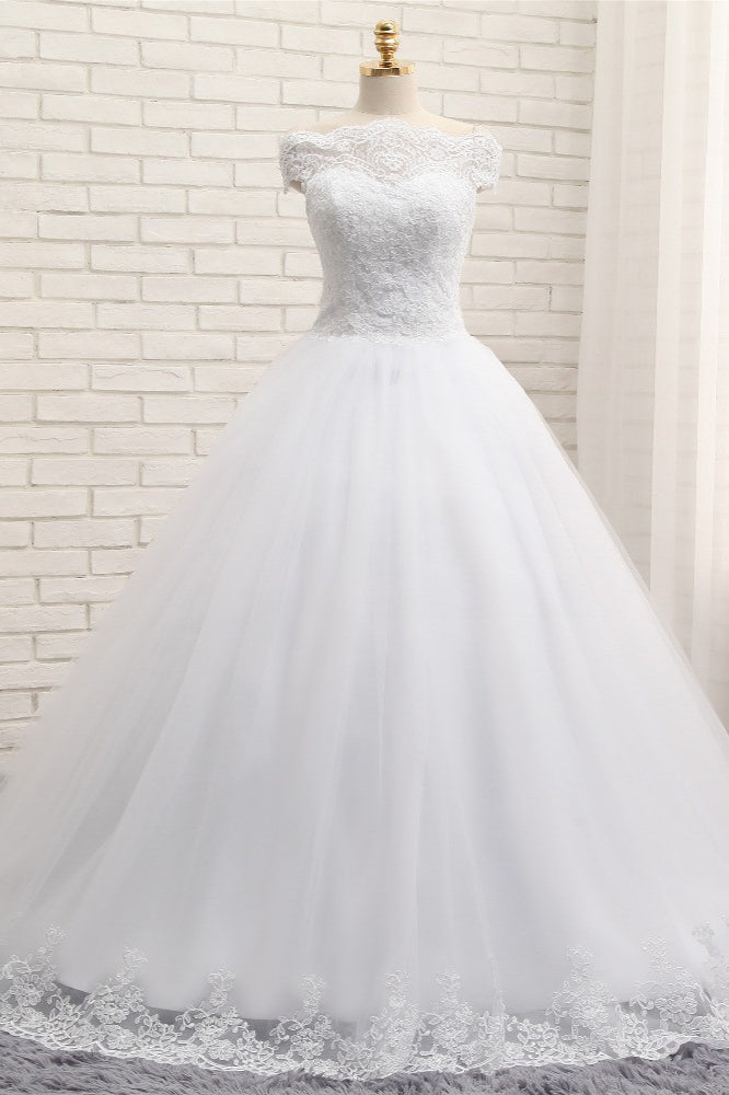 Modest Bateau Tulle Ruffles Wedding Dresses With Appliques A-line White Lace Bridal Gowns On Sale