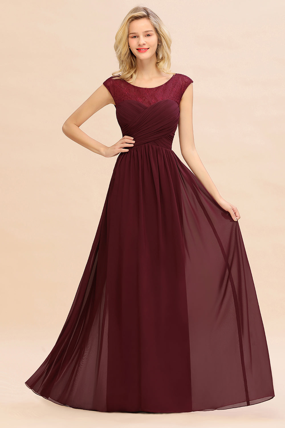 Modest Burgundy Chiffon Sleeveless Ruffle Bridesmaid Dress Affordable