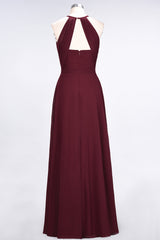 Modest Chiffon Jewel Ruffle Burgundy Long Bridesmaid Dresses Online