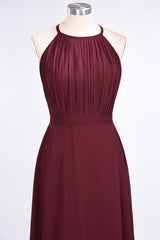 Modest Chiffon Jewel Ruffle Burgundy Long Bridesmaid Dresses Online