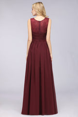 Modest Chiffon Lace Scoop Ruffle Burgundy Bridesmaid Dresses Affordable