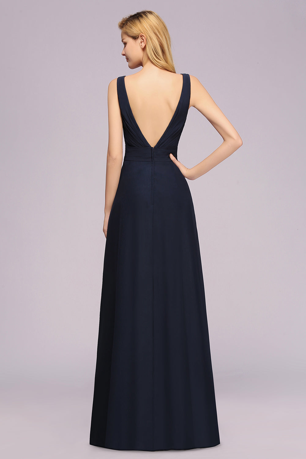 Modest Chiffon V-Neck Long Bridesmaid Dress Online with Beadings