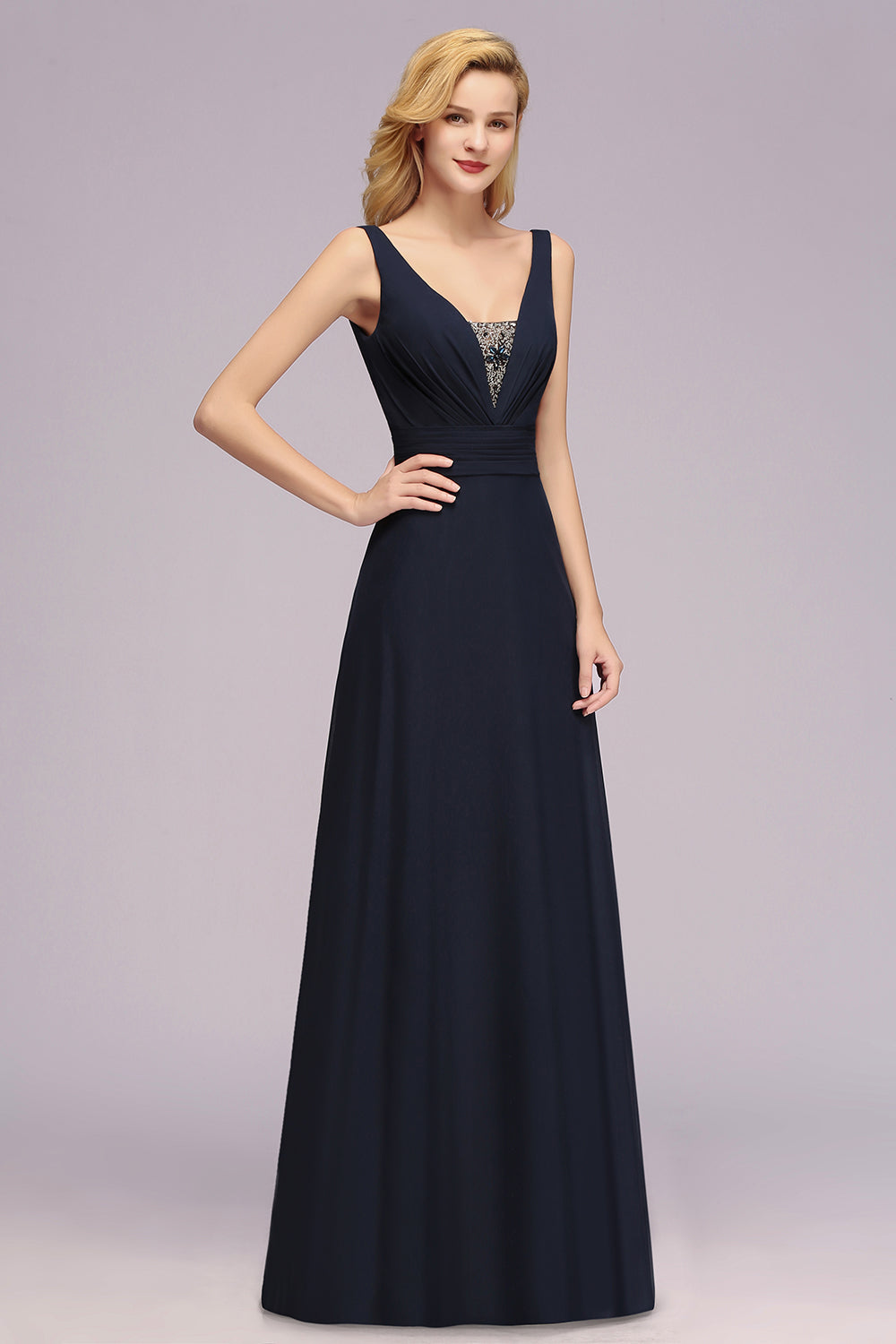 Modest Chiffon V-Neck Long Bridesmaid Dress Online with Beadings