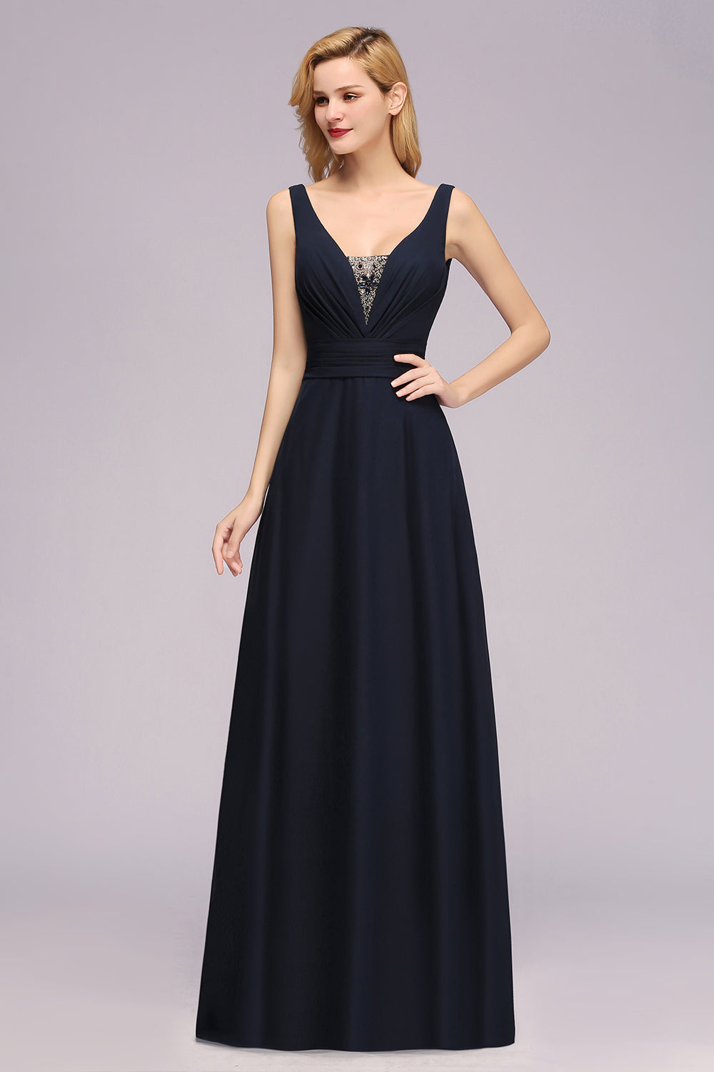 Modest Chiffon V-Neck Long Bridesmaid Dress Online with Beadings