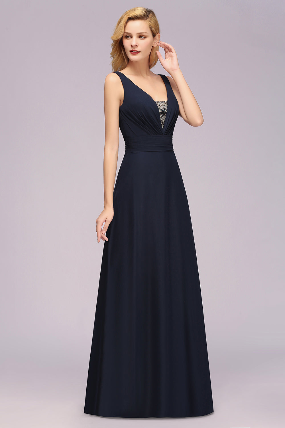 Modest Chiffon V-Neck Long Bridesmaid Dress Online with Beadings