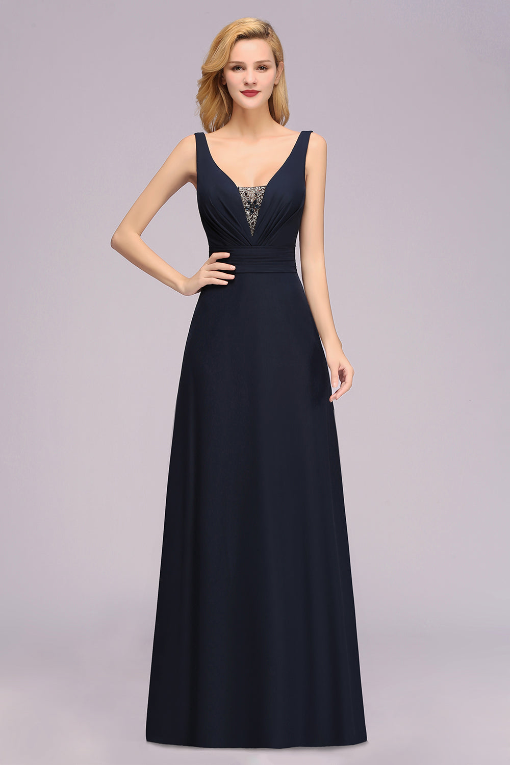 Modest Chiffon V-Neck Long Bridesmaid Dress Online with Beadings