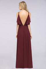 Modest Cold-shoulder Crinkle Chiffon Long Bridesmaid Dress with Pearls