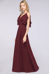 Modest Cold-shoulder Crinkle Chiffon Long Bridesmaid Dress with Pearls