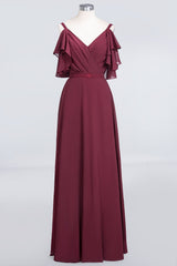 Modest Cold-shoulder Crinkle Chiffon Long Bridesmaid Dress with Pearls