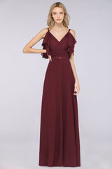 Modest Cold-shoulder Crinkle Chiffon Long Bridesmaid Dress with Pearls