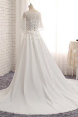 Modest Halfsleeves White Jewel Wedding Dresses Chiffon Lace Bridal Gowns With Appliques On Sale