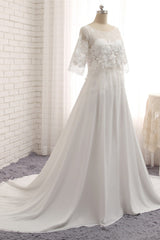 Modest Halfsleeves White Jewel Wedding Dresses Chiffon Lace Bridal Gowns With Appliques On Sale