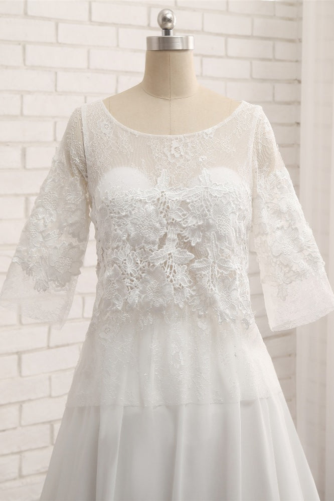 Modest Halfsleeves White Jewel Wedding Dresses Chiffon Lace Bridal Gowns With Appliques On Sale