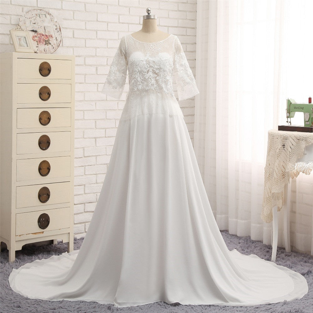 Modest Halfsleeves White Jewel Wedding Dresses Chiffon Lace Bridal Gowns With Appliques On Sale