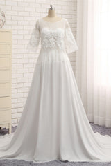 Modest Halfsleeves White Jewel Wedding Dresses Chiffon Lace Bridal Gowns With Appliques On Sale