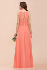 Modest Halter Ruffle Coral Chiffon Affordable Bridesmaid Dress Online