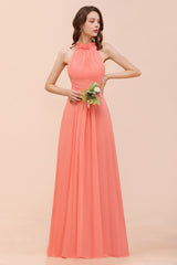 Modest Halter Ruffle Coral Chiffon Affordable Bridesmaid Dress Online