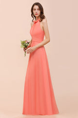 Modest Halter Ruffle Coral Chiffon Affordable Bridesmaid Dress Online