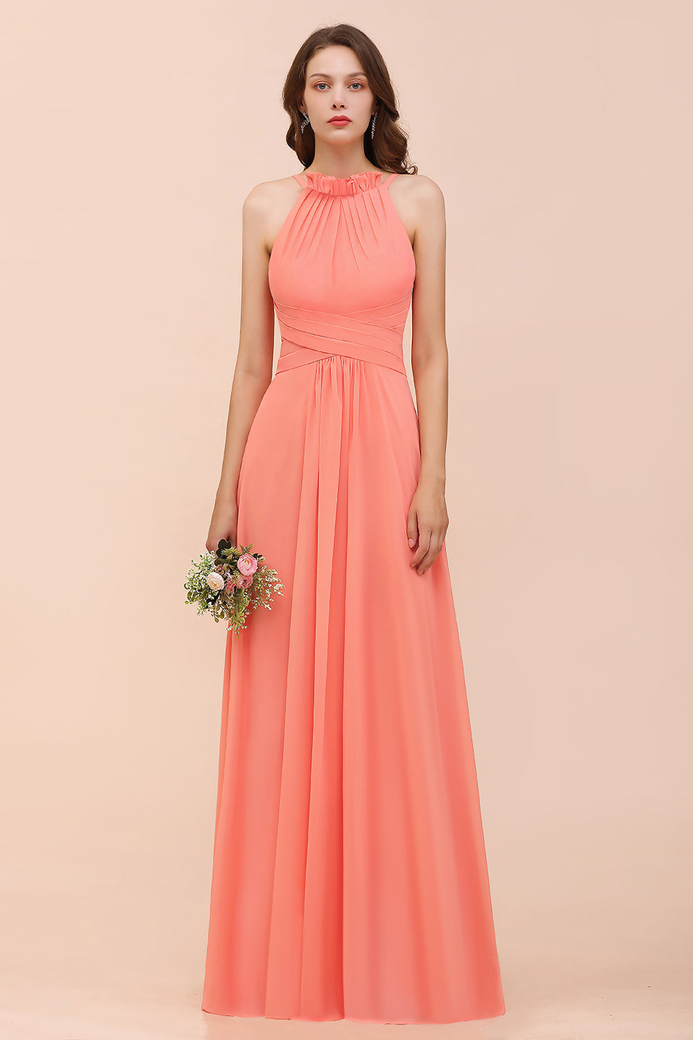 Modest Halter Ruffle Coral Chiffon Affordable Bridesmaid Dress Online