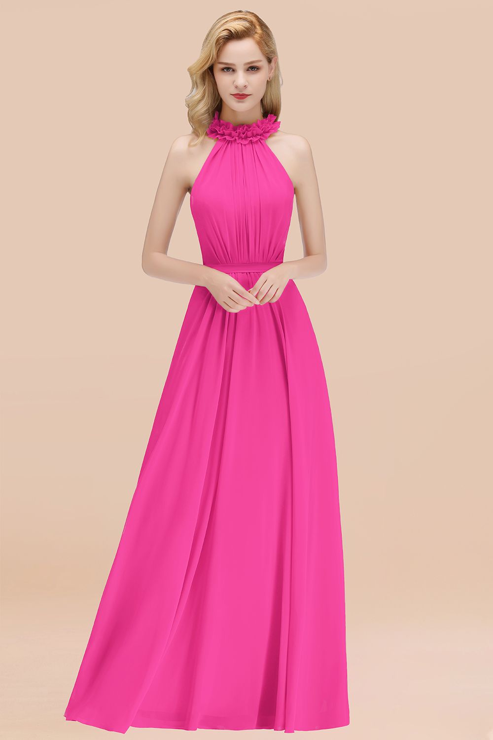 Modest High-Neck Halter Ruffle Chiffon Bridesmaid Dresses Affordable