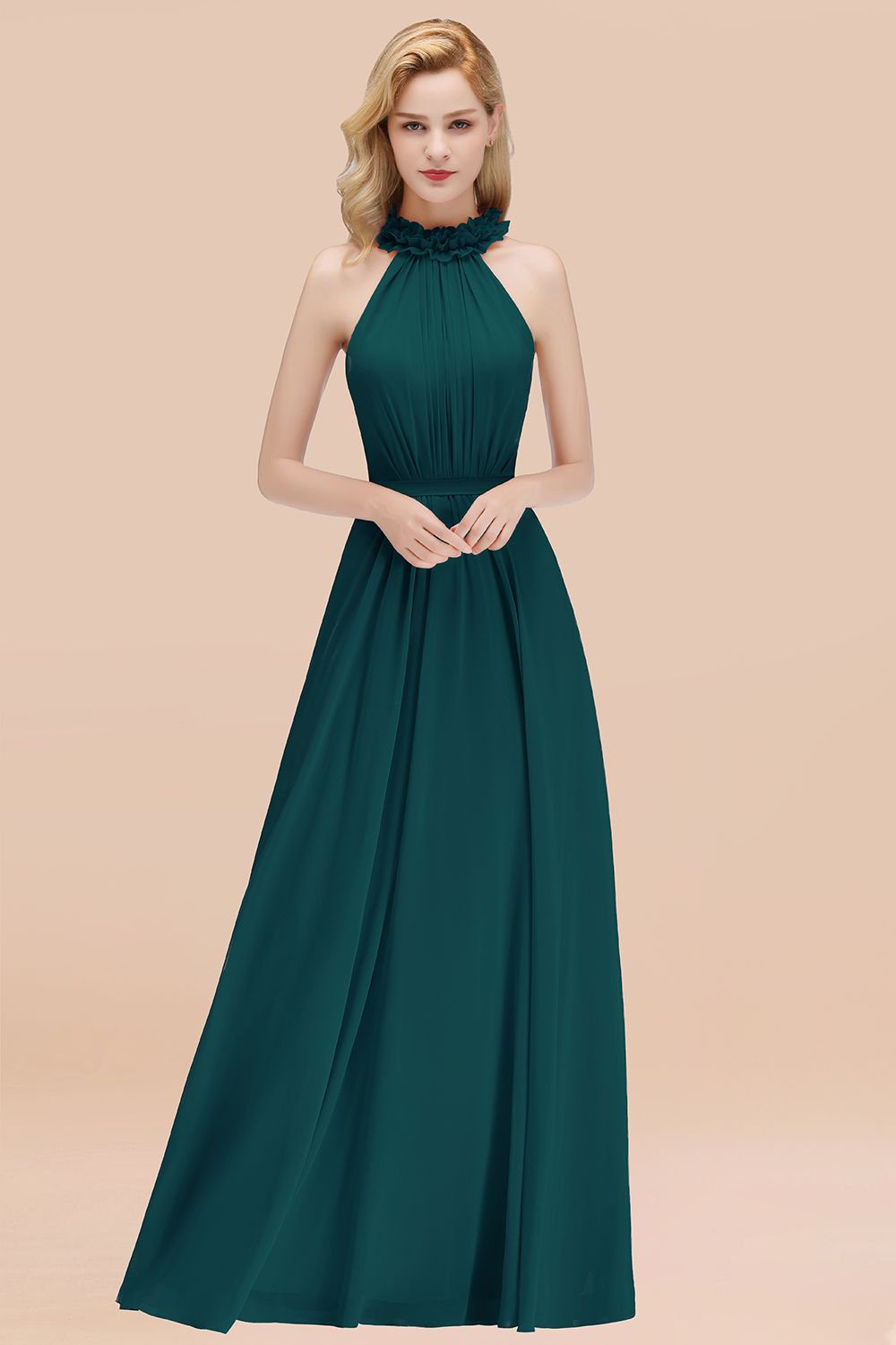 Modest High-Neck Halter Ruffle Chiffon Bridesmaid Dresses Affordable