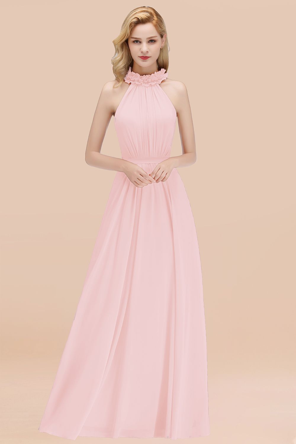 Modest High-Neck Halter Ruffle Chiffon Bridesmaid Dresses Affordable