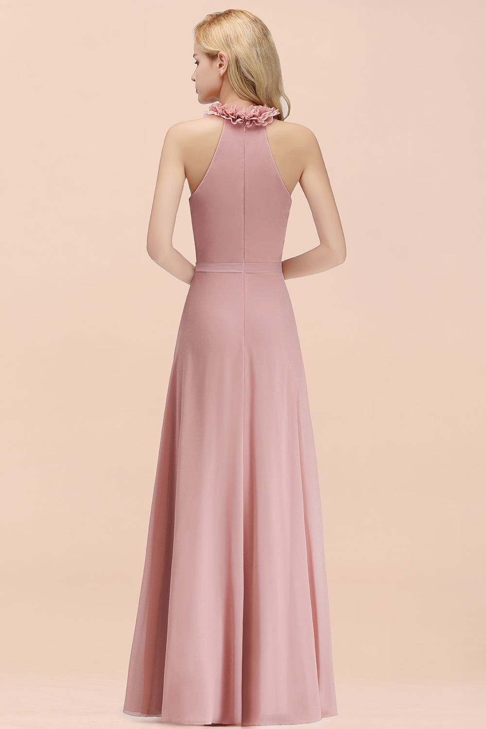 Modest High-Neck Halter Ruffle Chiffon Bridesmaid Dresses Affordable