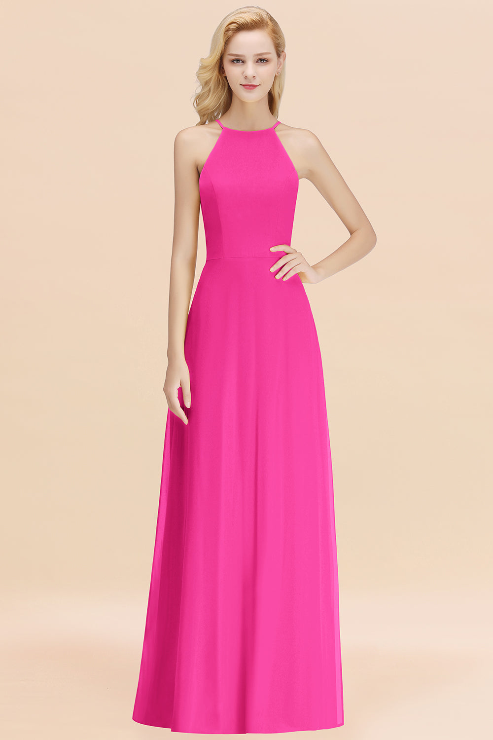 Modest High-Neck Yellow Chiffon Affordable Bridesmaid Dresses Online