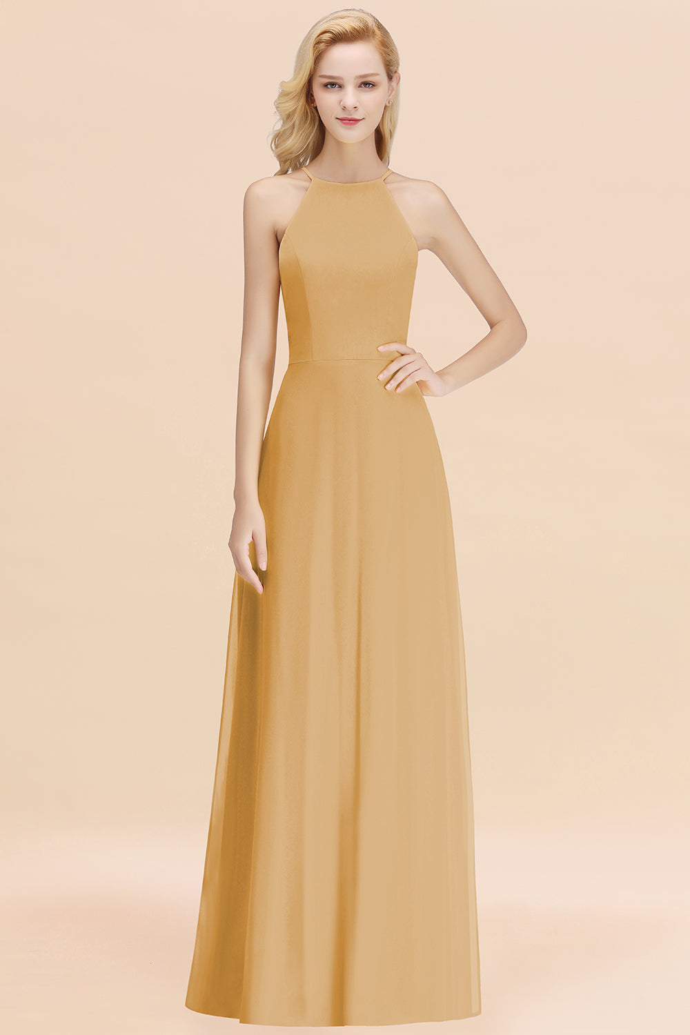 Modest High-Neck Yellow Chiffon Affordable Bridesmaid Dresses Online